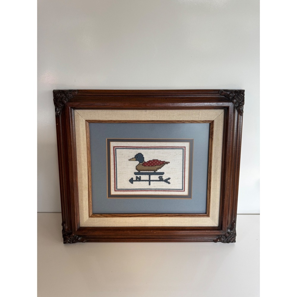 Vintage Mallard Duck Weather Vane Needlepoint Framed Art Ornate Wood Frame 15x13